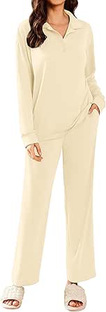 Ekouaer Lounge Sets for Women 2 Piece Outfits 2024 Long Sleeve Pajamas Button Up Top Wide Leg Pants Tracksuit with Pockets