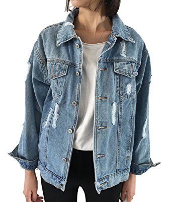 CozzyLife Women's Oversized Denim Jacket Ripped Jean Boyfriend Long Sleeve Coats