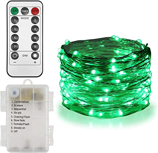 Twinkle Star St Patricks Day Fairy Lights Battery Operated, 33ft 100 LED Waterproof Silver Wire Halloween Christmas String Light, Remote 8 Modes Indoor Outdoor Tree Wedding Party Decorations, Green