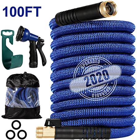 LINQUO 100 ft Garden Hose, All New 2020 Expandable Water Hose with 3/4" Solid Brass Fittings, Extra Strength Fabric - Flexible Lightweight Expanding Gardening Hoses with Free Water Spray Nozzle