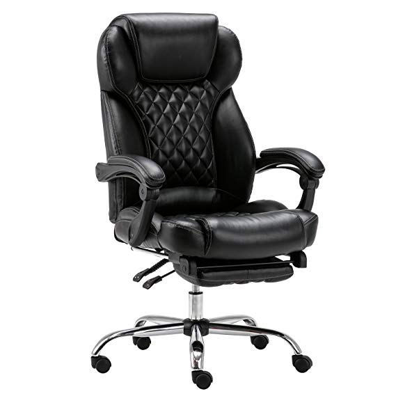 LYON High-Back Black Quilted Faux Leather Reclining Office Chair with Footrest