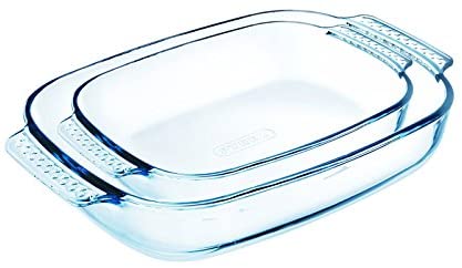 Pyrex Classic – Set of 2 Heavy Duty Rectangular Glass Baking Dishes - 38 x 25 cm/30 x 19 cm