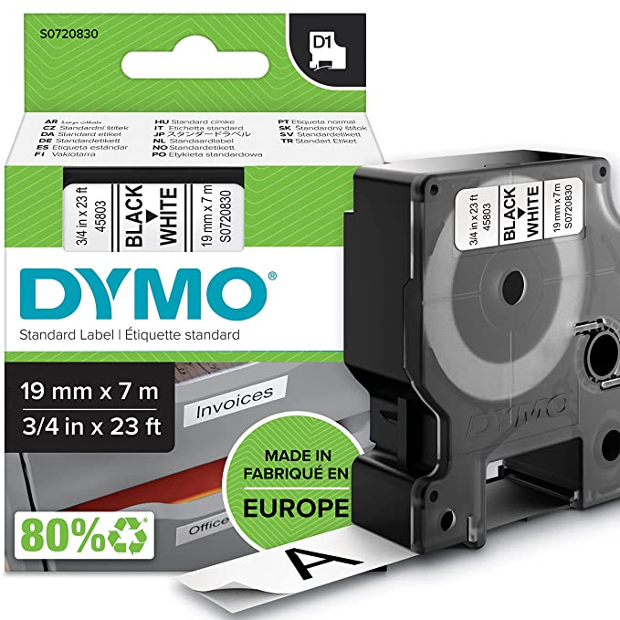 DYMO Authentic D1 Labels, Black Print on White Tape, 19mm x 7m, Self-Adhesive Labels for LabelManager and MobileLabeler Label Printers