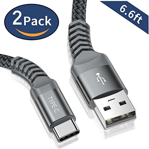 USB Type C Cable, iAlegant USB C Cable 2 PACK 6.6ft Nylon Braided Charger Cable with Connector for Samsung Galaxy Note 8, S8 Plus, Google Pixel xl 2, LG G6 V20 V30, Nintendo Switch, Moto Z2 Play-Grey