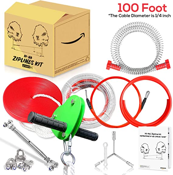 Hi-Na Zip Line Kit 80ft 100ft 120ft ZipLines for Backyard Kids Play Set Zipline with Seat Handles Ziplines for Backyards Zipline 100 Foot Zip Line Kit Zip Line Play Set Zipline for Kids (100ft)