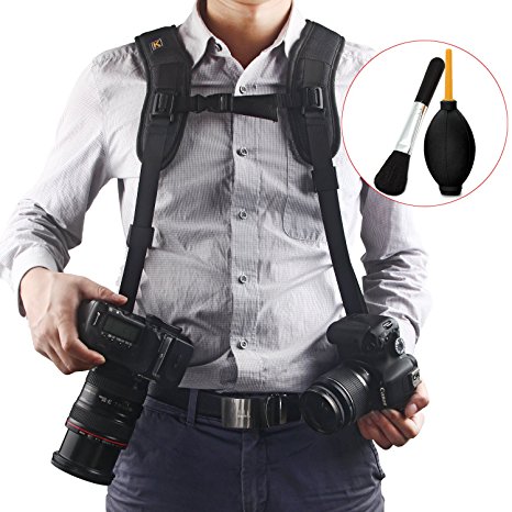 Quick Release Double Dual Camera Shoulder Strap Harness,Konsait Adjustable Dual Camera Sling Camera Neck Strap with Dust Brush and Dust Blower Ball
