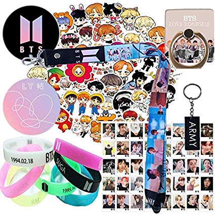 BTS Gift Set for ARMY - 1 Pack BTS Lanyard Keychain, 7 Pack BTS Silicone Bracelet, 1 Pack Phone Ring Stand, 1 Pack ARMY Keychain,40 Pack Lomo Card, 63 Pcs Laptop Stickers, 2 Pack Button Pin