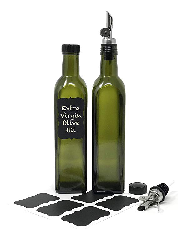 nicebottles - Olive Oil Dispenser with Stainless Steel Weighted Pourer, Dark Green, Square, 2 x 500ml with Chalkboard Labels