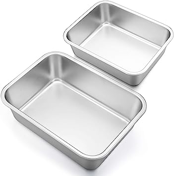 Deep Lasagna Pan Set (12.7’’ & 10.7’’), P&P CHEF Stainless Steel Rectangular Baking Pan for Brownie/Cake/Meat, Non-Toxic & Heavy Duty, Deep Side & Rolled Rim, Brushed Surface & Dishwasher Safe