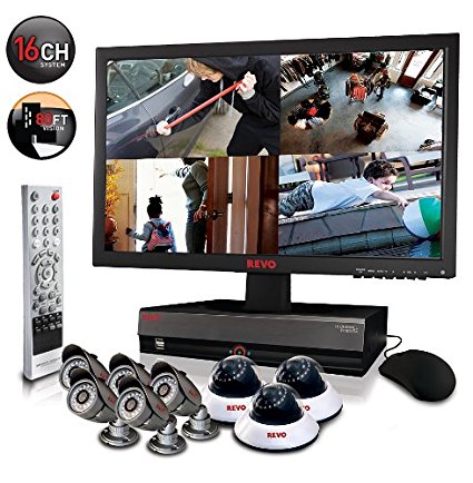 Revo Remote Home Security Monitoring Surveillance Video Recording Camera System 16Ch 2TB DVR 8 CCTV Cameras Cables & 21.5” Monitor - R164D3EB5EM21-2T