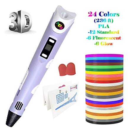 3D Printing Pen, Low Temperature with LED Display for Kids and Adults, Doodler Model Making, Art Crafts Tool, Compatible with PLA and ABS   Bonus 24 Color 236 Feet Filament Refills (Purple)