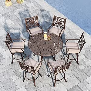 Sophia & William 7 Pieces Cast Aluminium Patio Bar Set for 6, Round Outdoor Bar Height Table and Swivel Bar Stools, Patio High Top Pub Set with Bar Counter Height Chairs and 2.2" Umbrella Hole