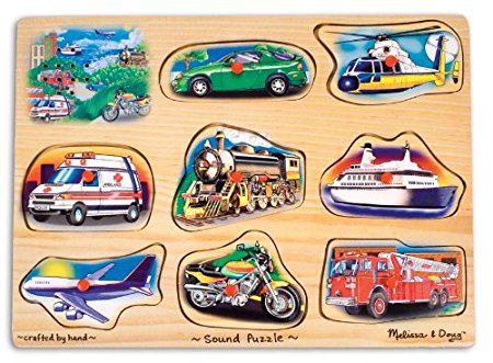 Melissa & Doug Vehicle Sound Puzzle - Wooden Peg Puzzle With Sound Effects (8 pcs)