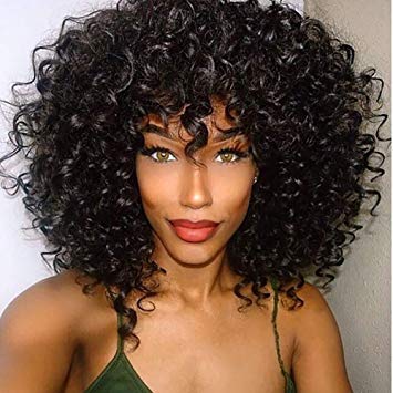 ForQueens Black Short Kinky Curly Wig Synthetic Afro Full Wigs with Bangs for Black Women Heat Resistant Hair for African Women