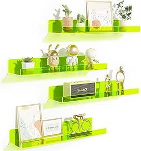 upsimples 4 Pack Acrylic Shelves for Wall Storage, 15" Floating Bookshelves for Kids, Display Shelf Organizer for Bathroom, Bedroom, Living Room, Kitchen, Room Decor, Clear Fluorescent Green