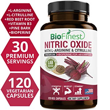 Biofinest N.O. Nitric Oxide Supplements - with Extra Strength L Arginine Citrulline & Amino Acids - Powerful No Booster for Pre Workout, Training, Muscle Growth (120 Vegetarian Capsules)