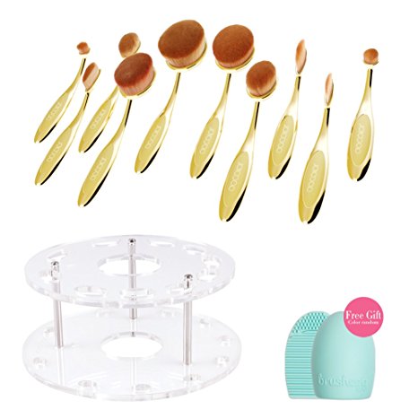 Docolor 10pc Oval Makeup Brush Set with Brush Holder Cosmetic Storage Organizer and Cleaner Tool (Golden Set with Holder)