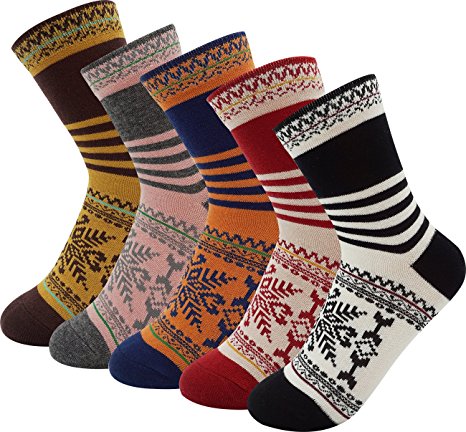 Women Lady's 5 Pair Bohemian Vintage Style Cotton Crew Socks