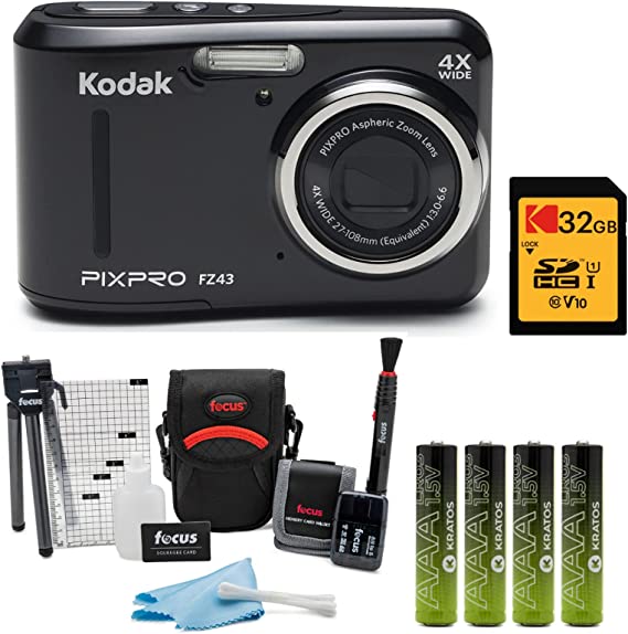 Kodak PIXPRO FZ45 Friendly Zoom Digital Camera (Black) Bundle with 32GB SD Memory Card, Camera Accessory Kit, and AAA Batteries (4-Pack) (4 Items)