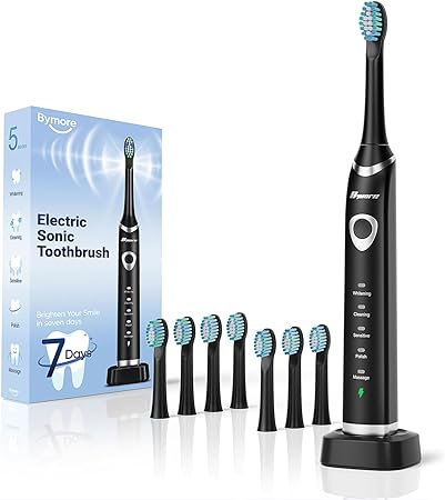 Bymore Electric Toothbrush for Adults,Travel Sonic Toothbrush with 8 Replacement Heads, Ultra Clean Rechargeable Toothbrush Portable One Charge for 330days 5 Modes 2mins Timer-Black