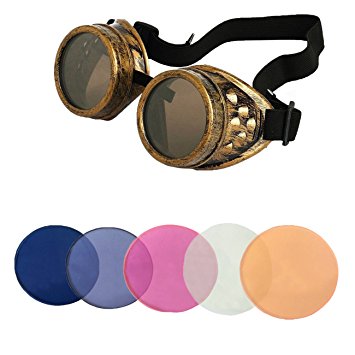 Minidot Steampunk Antique Safety Goggles with 5 Color Set of Rechangeable Lens (Brass)