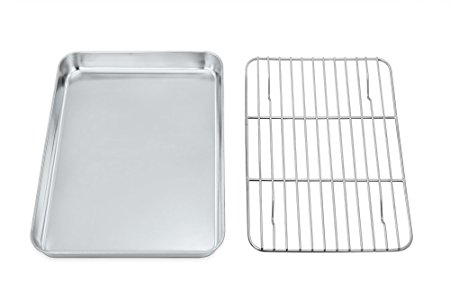 Toaster Oven Tray and Rack Set, P&P Chef Stainless Steel Broiler Baking Pan with Rack, Rectangle 8''x10''x1'', Healthy & Non Toxic & Dishwasher Safe