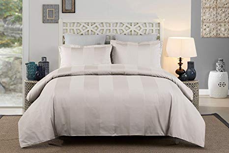 PHF Waffle Duvet Cover Set 100% Cotton with Sateen Stripes 3 Pieces Queen Size Beige