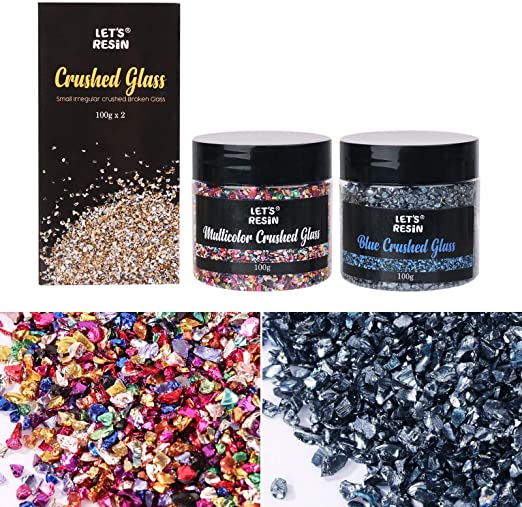 LET'S RESIN Crushed Broken Glass, 2PCS Glass Chunky Glitter for Resin, Blue and Multicolor Metallic Chips for Crafts, Nail Art, Painting, Geode (Total 200 Grams)