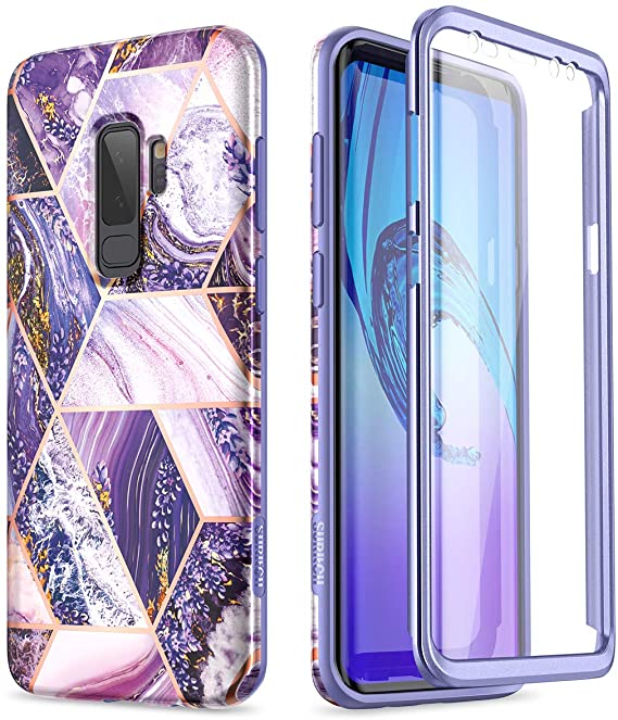SURITCH Case for Galaxy S9 Plus,[Built-in Screen Protector] Hybrid Full-Body Protection Shockproof Rugged Bumper Soft TPU Lavender Protective Cover for Samsung Galaxy S9 Plus 6.2 Inch (Purple Marble)