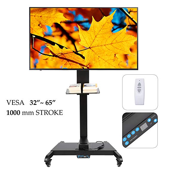 CO-Z Mobile Motorized TV Lift Floor Stands Rolling TV Carts for Flat Screen 32"~65" TVs with Wheels Shelves Height Adjustable with Remote Controller (Mobile Motorized TV Lift for 32"~65" TVs)