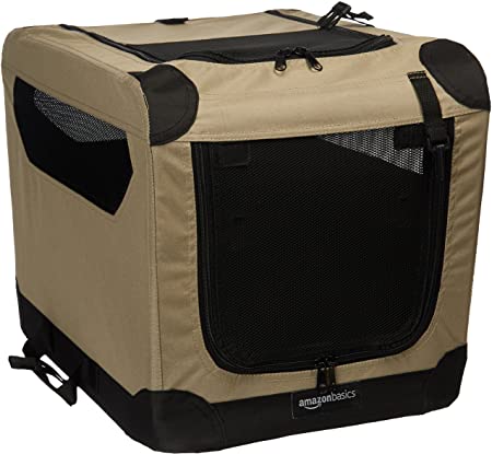 AmazonBasics Portable Folding Soft Dog Travel Crate Kennel - 15.5 x 15.5 x 21 Inches, Tan