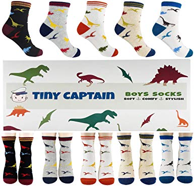 Boys Dinosaur Socks 4-7 Year Old Best Gift Age 7-10 Boy Cotton Crew Sock 5 Pack Set From Tiny Captain 2 Sizes