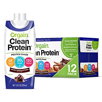 Orgain Grass Fed Clean Protein Shake, Creamy Chocolate Fudge - Meal Replacement, Ready to Drink, Gluten Free, Soy Free, Kosher, Non-GMO, 11 oz, 12 Count (Packaging May Vary)