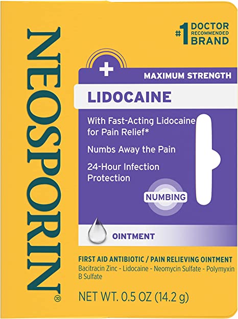 Neosporin   Lidocaine First Aid Antibiotic Ointment, Maximum Strength & Fast-Acting Topical Pain Reliever, 24-Hour Infection Protection That Numbs Away The Pain, Bacitracin Zinc, 0.5 oz