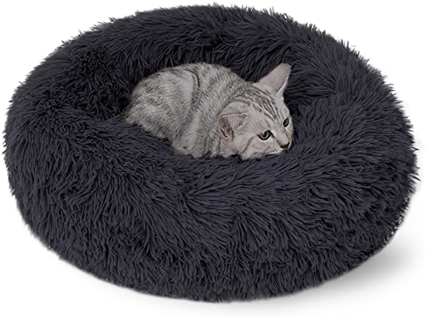 DanceWhale Round Plush Cat Dog Bed, Calming Donut Cuddler Washable Pet Bed Super Soft and Fluffy Puppy Cushion Mat for Warm Sleeping (50cm, Dark Grey)
