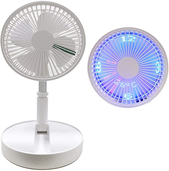 Portable Desk Fan with Real Time Clock and Temperature Display, SAYTAY 7200mAh USB Rechargeable Battery Operated Foldaway Table Fan, 4 Speeds, Adjustable Height, for Bedroom Office Outdoor(8in)
