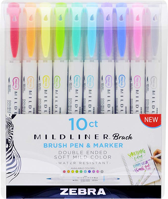 Zebra Pen Mildliner Double Ended Brush and Fine Tip Pen, Assorted Colors, 10-Count