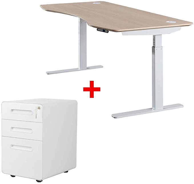 ApexDesk Elite Series 60" Electric Height Adjustable Standing Desk with White File Cabinet (Bundle - Light Oak 60" Standing Desk and File Cabinet)