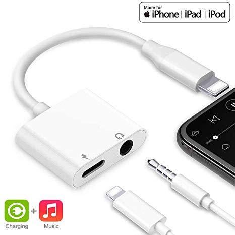 Headphone Adapter for iPhone 7 to 3.5 mm Jack Adapter Charge for iPhone Audio  Charger Adapter Headset AUX Audio Charge & Audio for iPhone X/XS/XR 8/8 7/7P Support Listen Music and Charge 12 System