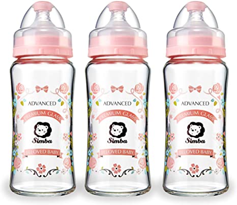 Simba Crystal Romance Wide Neck Borosilicate Glass Feeding Bottle - 9 oz (Pink, Packs of 3)