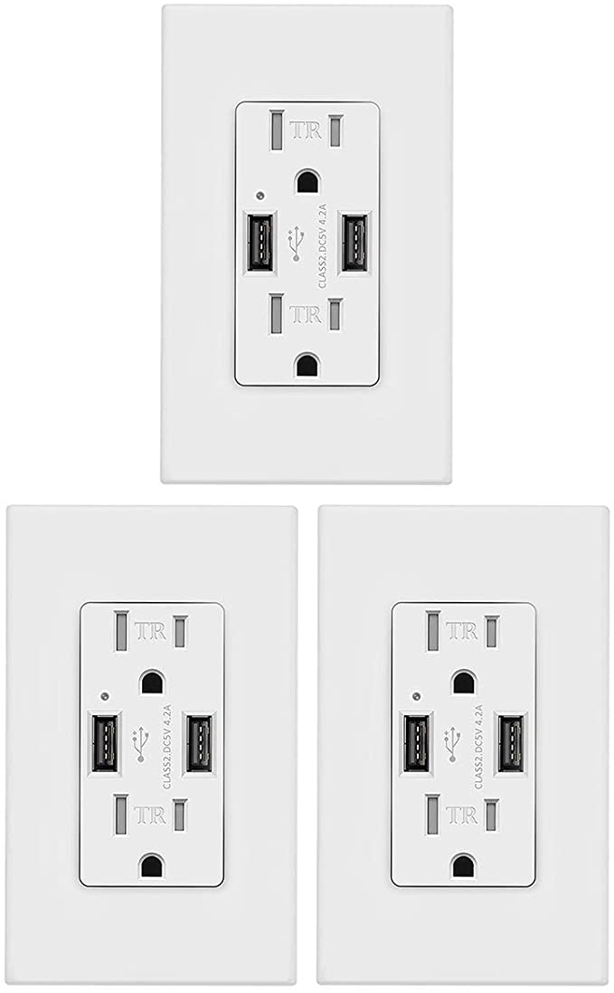 Outlet with USB High Speed Charger 4.2A Charging Capability, Childproof Safety Duplex Receptacle 15Amp, Tamper Resistant Wall Socket Plate Included UL Listed bekca (4.2A USB Outlet 3 Pack)