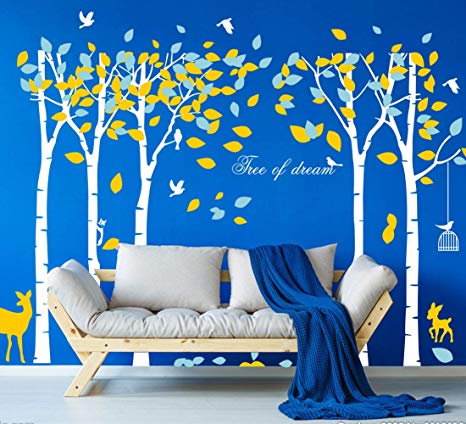 Mix Decor Tree Wall Decal - 5 Trees Wall Sticker Large Family Forest Deer Woodland for Livingroom Kid Baby Nursery Room Decoration Gift,102x72 Inch * 1 PCS,White Yellow
