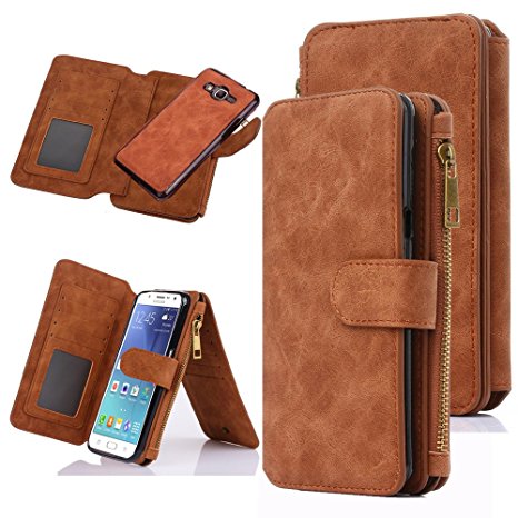 Galaxy J7 Case, CaseUp 12 Card Slot Series - [Zipper Cash Storage] Premium Flip PU Leather Wallet Case Cover With Detachable Magnetic Hard Case For Samsung Galaxy J7, Brown
