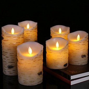 Flameless LED Candles Flickering Light Pillar Real Birch bark Wax with Timer and 10-key Remote for Wedding,Votive,Yoga and Decoration Set of 6