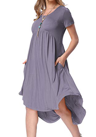 levaca Women's Scoop Neck Pockets High Low Pleated Loose Swing Casual Midi Dress