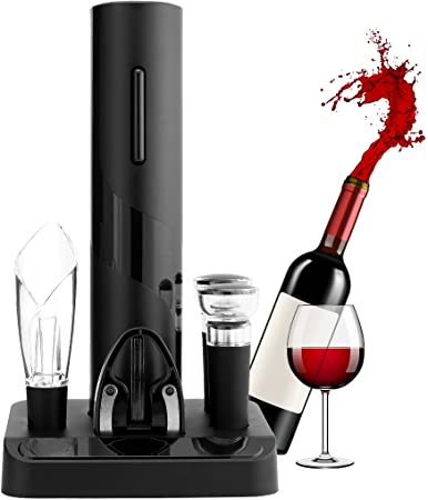 Electric Wine Bottle Opener Set, 6-Piece Kit with Automatic Wine Opener, Aerator, Foil Cutter, 2 Wine Preserver Vacuum Stoppers, and Display Stand, Sleek Wine Gifts for Women and Men