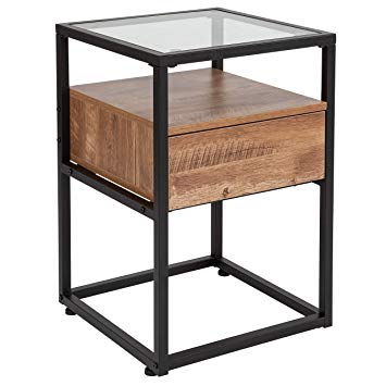 Taylor   Logan Glass End Table with Drawer and Shelf in Rustic Wood Grain Finish
