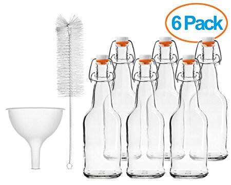 Chef's Star CASE OF 6 - 16 oz. EASY CAP Beer Bottles with Funnel and Cleaning Brush - CLEAR