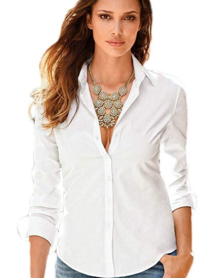 FISOUL Women's Formal Long Sleeve Button Down Shirts Basic Cotton Simple Blouse Tops