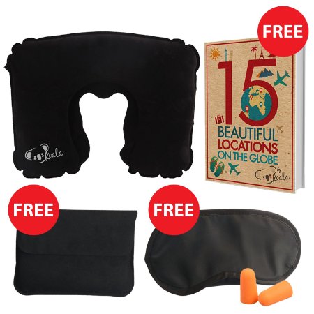Travel Pillow - Travel Inflatable Pillow with Eye Mask Ear Plugs Storage Pouch and E Book - Flight Travel Kit - Comfortable Sleep- 100 Cotton and Eco Friendly by The Koala Brand